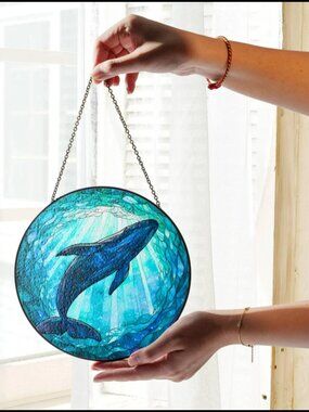 Whale Stained Glass Suncatcher: Ocean Art Window Hanging